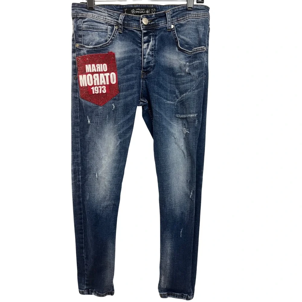 Mario Morato Slim Fit Streetwear Men's W33x30 Blue‎ Ankle Zip Distressed Jeans